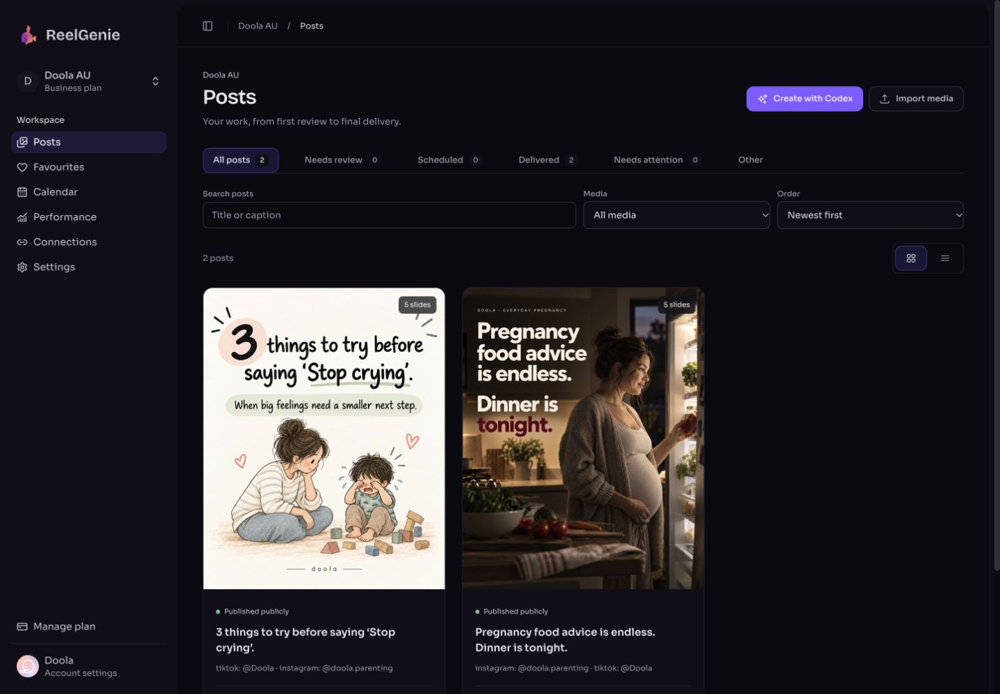 Actual ReelGenie workspace library showing a finished carousel and its publishing destinations