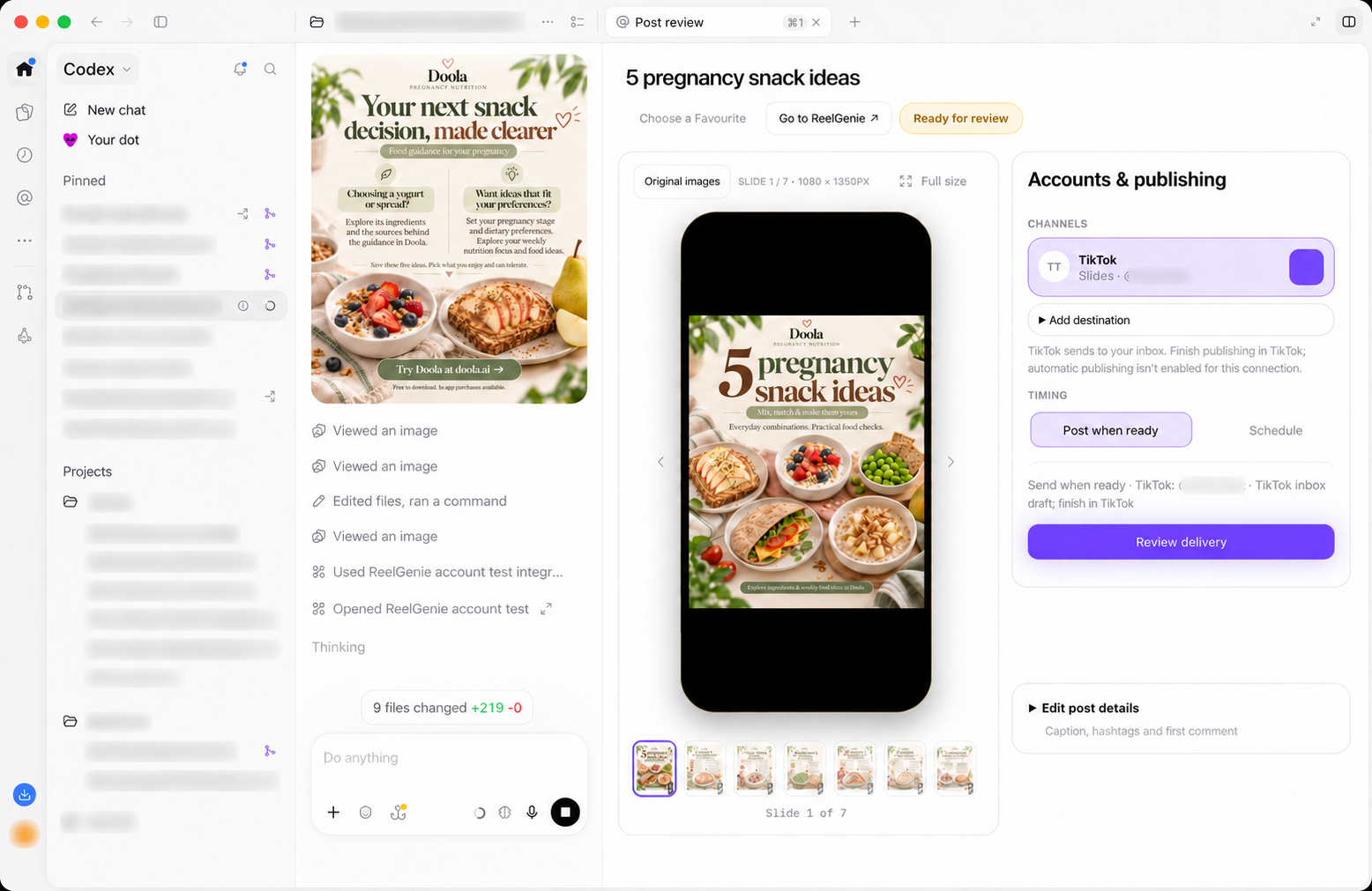 Codex workstation with a finished pregnancy snack carousel in the conversation beside ReelGenie’s seven-slide phone preview, connected social account and Review delivery controls.