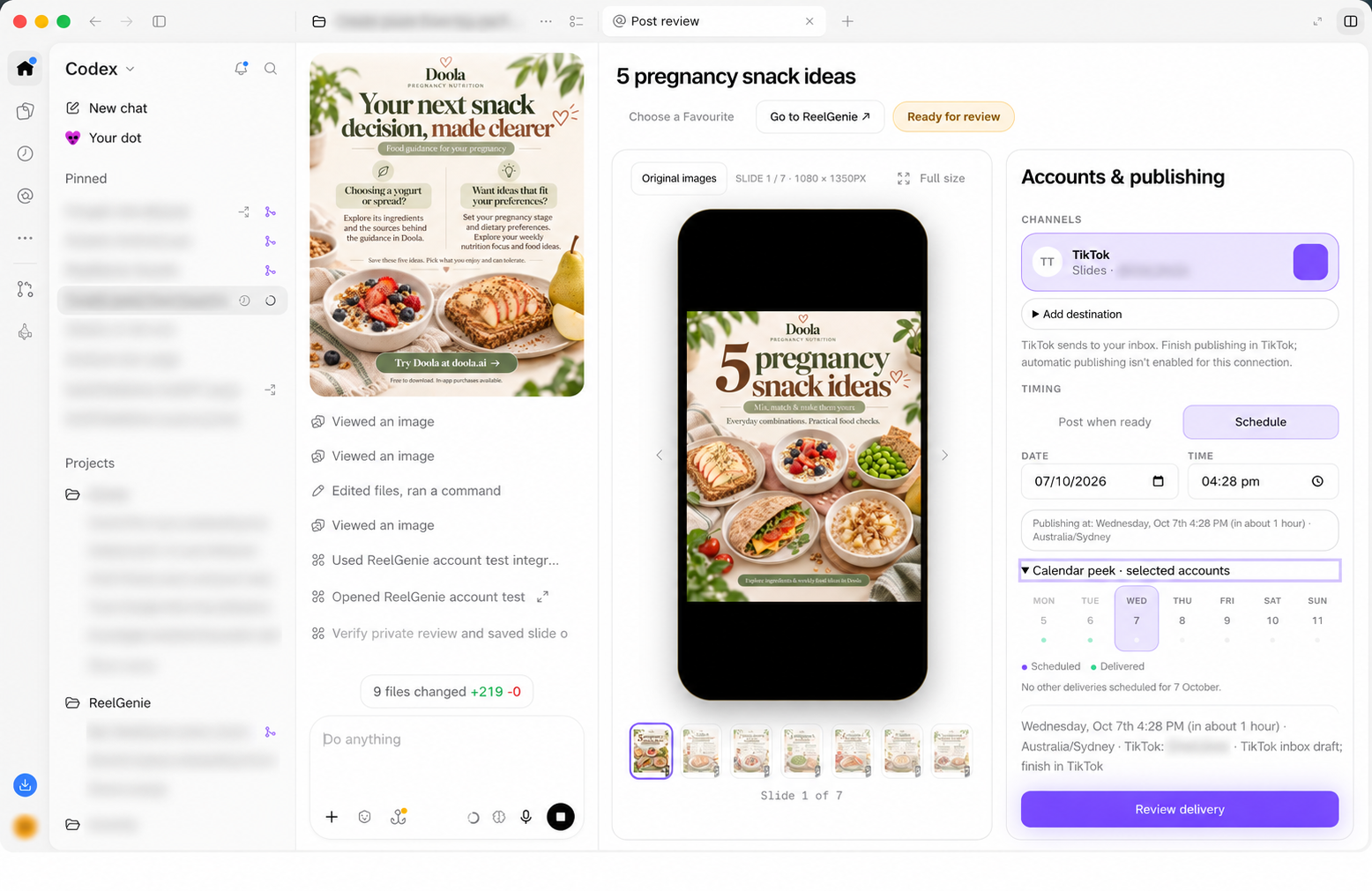 The same pregnancy snack carousel inside the Codex workstation with ReelGenie’s phone preview, selected social account, scheduling date and time, calendar peek and Review delivery button.